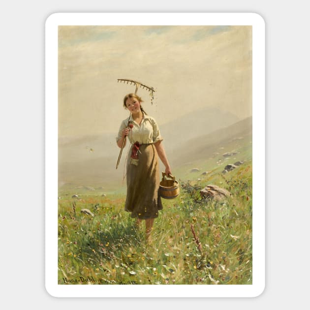 A Young Woman in the Meadow by Hans Dahl Magnet by Classic Art Stall